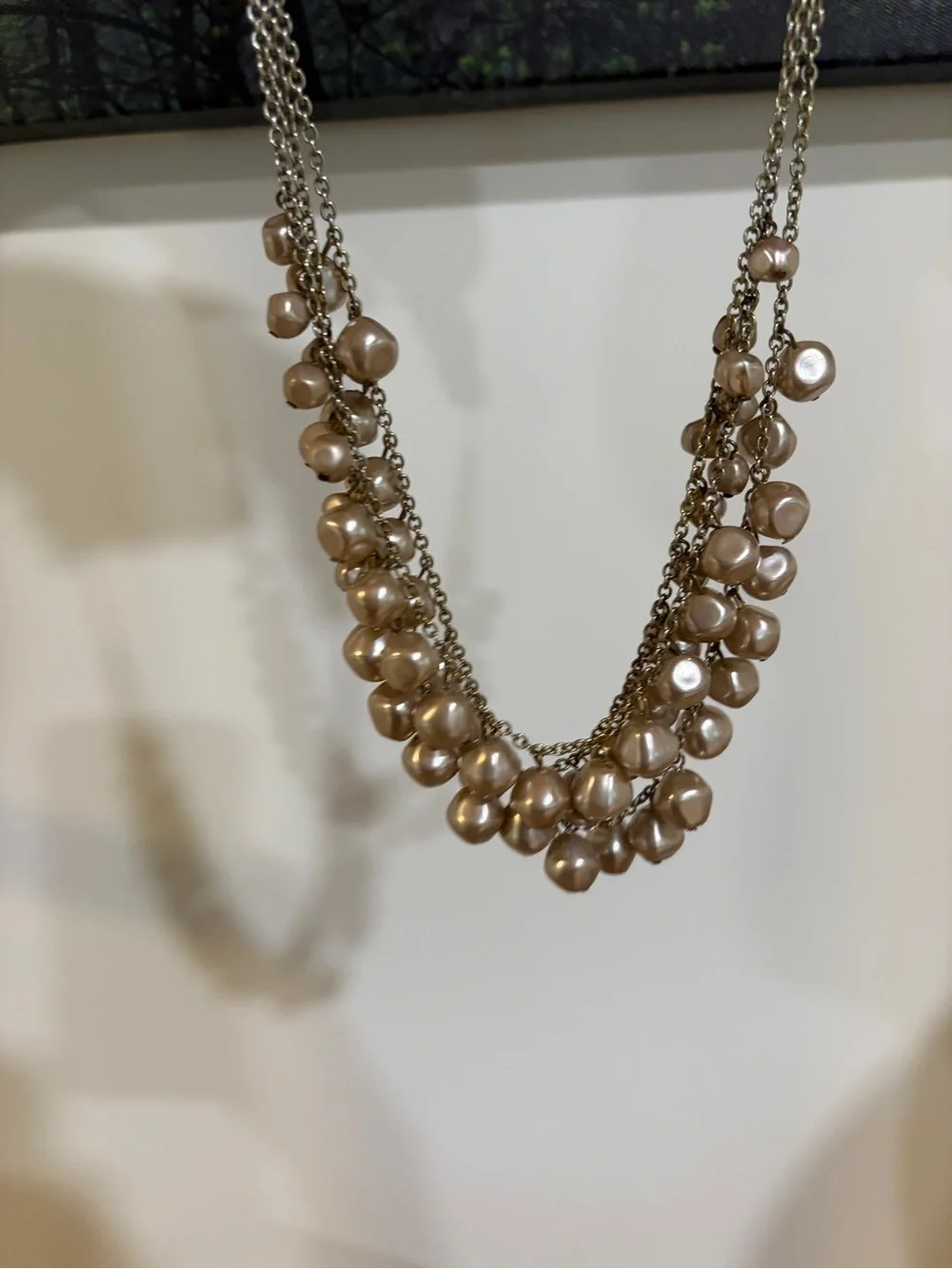 Silver Tone Faux Pearl Multi Strand Statement Necklace Cascading Chain Elegant
